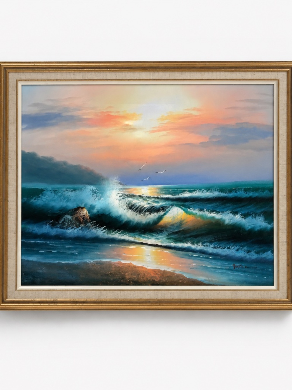 Original Signed Ocean Seascape Painting – Dramatic Waves & Sunset, Framed